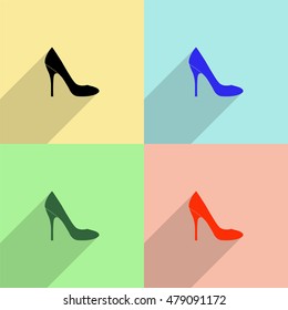 High heels shoes vector icon - colored set with long  shadow