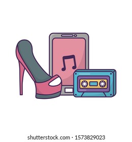 high heels smartphone and cassette on white background vector illustration