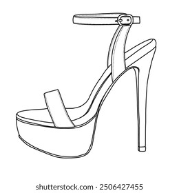 High Heels Stilletos Heels für Damen Strappy Sandalen Line Art, technische Skizze Handzeichnung Umriss Vektor Doodle Illustration Seitenansicht einzeln auf weißem Hintergrund