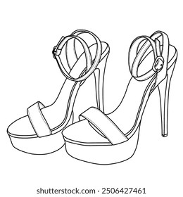 High Heels Stilletos Heels für Damen Strappy Sandalen Line Art, technische Skizze Handzeichnung Umriss Vektor Doodle Illustration isometrische Ansicht einzeln auf weißem Hintergrund