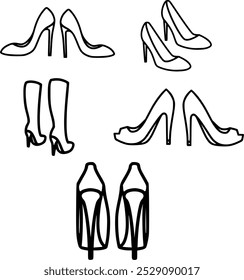 High Heels Vector Set, Stiletto Heels, Pumps, Kitten Heels, Wedges, Platform Heels,  Stylish Women's Footwear Illustrations, Fashion Accessories