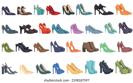 High Heels Woman Shoes Icons Set Cartoon Vector. Girl Heel. Pair Shoe