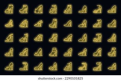 Iconos de zapatos de mujer de tacones altos establecen el vector de contorno. Heel girl. Color de neón de la pareja de zapatos en negro