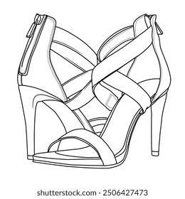 High Heels für Damen Cross Strappy Stilettos Square Open Toe Dressy Line Art, Technische Skizze Handzeichnung Umriss Vektor Doodle Illustration Seite und Rückseite einzeln auf weißem Hintergrund