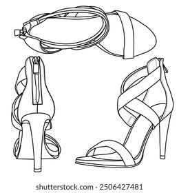 High Heels für Damen Cross Strappy Stilettos Square Open Toe Dressy Line Art, Technische Skizze Handzeichnung Umriss Vektor Doodle Illustration verschiedene Ansicht einzeln auf weißem Hintergrund