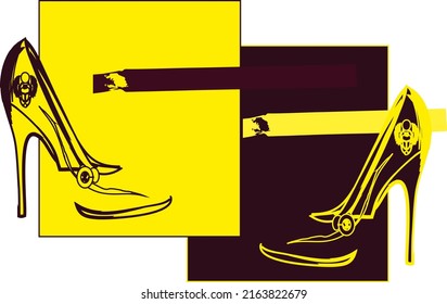 High heels yellow and burgundy shoes, drawing, logo