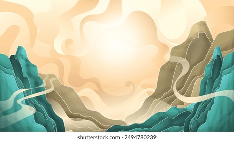 High Hills and Clouds Stylish Colorful Hand Drawn Background Illustration