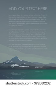 High hills with snow and calm lake water. Spectacular view. Gray clouds. Poster or banner for your message. Modern realistic design. Vector illustration.