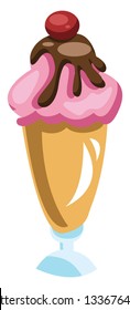 Alta taza de helado con helado amarillo y rosa choclate y cereza en la ilustración vectorial superior sobre fondo blanco.