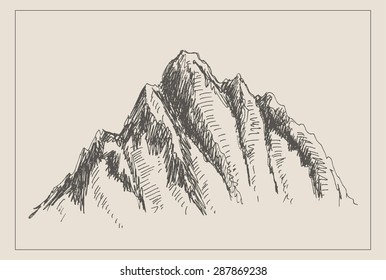 High ice mountain scenery sketch hand drawing, in engraving etching style, for extreme climbing sport, adventure travel  and  tourism design