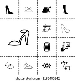 High icon. collection of 13 high filled and outline icons such as woman shoe, dynamite, construction crane, heel sandals, pressure. editable high icons for web and mobile.