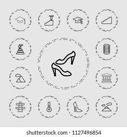 High icon. collection of 13 high outline icons such as woman shoe, shoe, graduation cap, mountain, temperature, stairs, man on stairs. editable high icons for web and mobile.