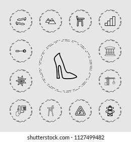 High icon. collection of 13 high outline icons such as woman shoe, shoe, pylon, baby chair, stair, mountain, voltage warning. editable high icons for web and mobile.