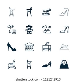 High icon. collection of 16 high filled and outline icons such as pylon, woman shoe, lot price, court, heel sandals, outdoor chair. editable high icons for web and mobile.