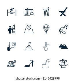 High icon. collection of 16 high filled and outline icons such as heel sandals, outdoor chair, mountain, man with ladder. editable high icons for web and mobile.