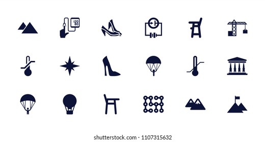 High icon. collection of 18 high filled icons such as baby chair, woman shoe, parachute, air balloon, thermometer, mountain. editable high icons for web and mobile.