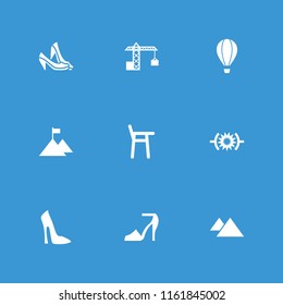 High icon. collection of 9 high filled icons such as woman shoe, baby chair, flag on mountain, pressure, construction crane. editable high icons for web and mobile.