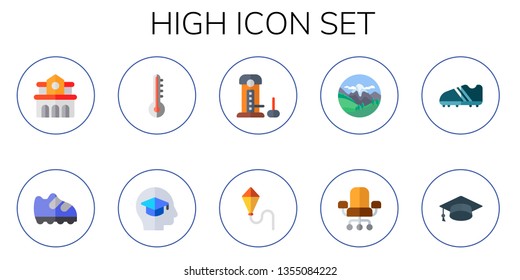 high icon set. 10 flat high icons.  Simple modern icons about  - university, shoe, thermometer, education, strength, kite, mountains, chair, boots, mortarboard