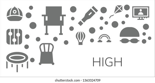 high icon set. 11 filled high icons.  Simple modern icons about  - Cap, Chair, Levels, Hot air balloon, Trampoline, Rainbow, Thermometer, Kite, Goggles, Monitor