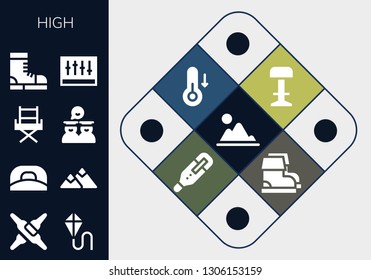 high icon set. 13 filled high icons.  Collection Of - Mountain, Calcium, Kite, Cap, Chair, Graduates, Boots, Levels, Stool, Temperature, Thermometer