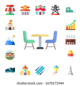 conjunto de iconos altos. 17 iconos planos altos. Incluye montaña rusa, universidad, montañas, silla, escuela, desempeño, taburete de bar, silla de bebé, botas, escuela, skii, iconos de torre eléctrica