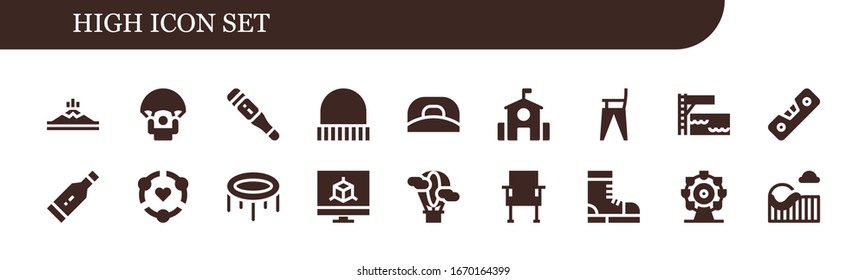 high icon set. 18 filled high icons.  Simple modern icons such as: Mountain, Parachute, Thermometer, Cap, School, Feeding chair, Trampoline, Level, Friendship, Monitor, Hot air balloon