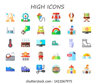 high icon set. 30 flat high icons.  Collection Of - namaste, ferris wheel, kite, roller coaster, hot air balloon, chair, trampoline, rainbow, school, monitor, thermometer, bar stool