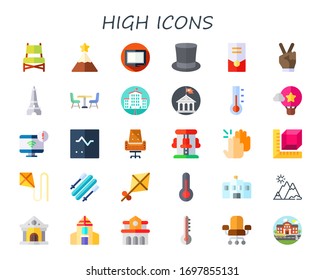 high icon set. 30 flat high icons.  Simple modern icons such as: chair, peak, monitor, tall hat, tower, victory, eiffel tower, school, university, temperature, hot air balloon