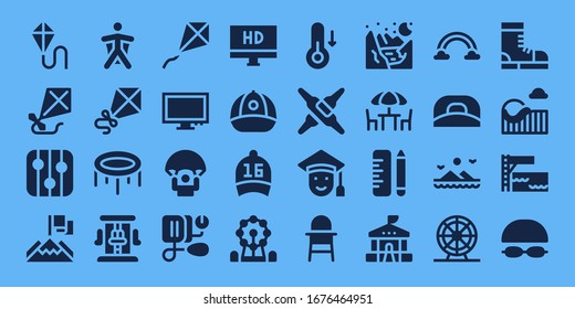 high icon set. 32 filled high icons. on blue background style Simple modern icons such as: Kite, Levels, Achievement, Wingsuit, Trampoline, Roller coaster, Monitor, Parachute