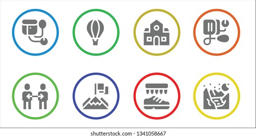 high icon set. 8 filled high icons.  Simple modern icons about  - Sphygmomanometer, Friendship, Hot air balloon, Achievement, School, Shoes, Blood pressure, Glacier