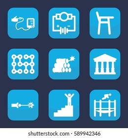 high icon. Set of 9 filled high icons such as court, blood pressure, trampoline, electric circuit, dynamite, man on stairs, Electricity