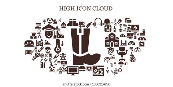 high icon set. 93 filled high icons.  Collection Of - Boots, Blood pressure, Friendship, Thermometer, Lesson, Monitor, Speed, Goggles, Levels, Graduate, Feeding chair, Transmission tower