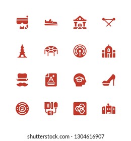 high icon set. Collection of 16 filled high icons included School, Extension manager, Blood pressure, Chelsea, Heels, Education, Score, Top hat, Thermometer, Trampoline, Eiffel tower