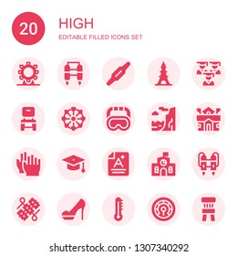 high icon set. Collection of 20 filled high icons included Ferris wheel, Jet pack, Calcium, Eiffel tower, Graduation, Chair, Goggles, Cliff, School, Clap, Graduation hat, Score