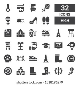 high icon set. Collection of 32 filled high icons included Kite, Ferris wheel, Boot, Boots, School, Pressure, Performance, Eiffel tower, Tower bridge, Education, Hot air balloon