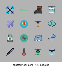 high icon set. vector set about train, thermometer, hot air balloon and flight icons set.