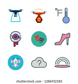 high icon set. vector set about thermometer, airplane, eye and drama icons set.