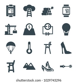 High icons. set of 16 editable filled high icons such as construction crane, baby chair, woman shoe, air balloon, blood pressure measure, lot price, mountain, temperature