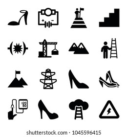 High icons. set of 16 editable filled high icons such as construction crane, heel sandals, pylon, electricity, stair, mountain, voltage warning