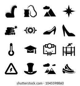 High icons. set of 16 editable filled high icons such as graduation cap, electricity, pressure, woman shoe, trampoline, hat, mountain, temperature, voltage warning, dynamite