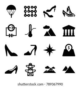 High icons. set of 16 editable filled high icons such as court, shoe, pylon, parachute, thermometer, woman shoe, mountain, lot price, electric circuit, explosion, heel sandals