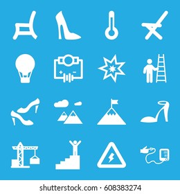High icons set. set of 16 high filled icons such as construction crane, woman shoe, heel sandals, shoe, outdoor chair, blood pressure, temperature, voltage warning, mountain