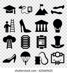 High icons set. set of 16 high filled icons such as court, woman shoe, shoe, graduation cap, blood pressure measure, blood pressure, hat, electric circuit, smoking can