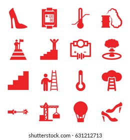 High icons set. set of 16 high filled icons such as construction crane, woman shoe, shoe, thermometer, blood pressure measure, stair, temperature, electric circuit, explosion