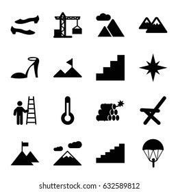 High icons set. set of 16 high filled icons such as construction crane, heel sandals, shoe, outdoor chair, stair, mountain, temperature, dynamite, explosion, stairs