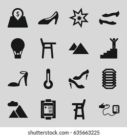 High icons set. set of 16 high filled icons such as baby chair, heel sandals, shoe, woman shoe, blood pressure measure, blood pressure, mountain, lot price, temperature