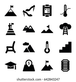 High icons set. set of 16 high filled icons such as shoe, graduation cap, outdoor chair, thermometer, blood pressure measure, stair, mountain, lot price, temperature