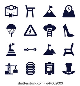High icons set. set of 16 high filled icons such as construction crane, woman shoe, outdoor chair, blood pressure measure, hat, lot price, voltage warning, electric circuit