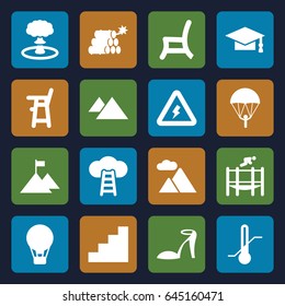 High icons set. set of 16 high filled icons such as baby chair, heel sandals, graduation cap, outdoor chair, thermometer, trampoline, stair, mountain, voltage warning