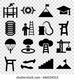High icons set. set of 16 high filled icons such as construction crane, baby chair, shoe, graduation cap, trampoline, mountain, electric circuit, explosion, smoking can